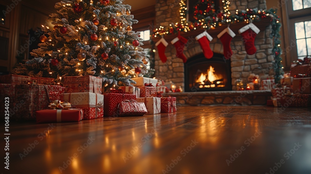 Cozy Christmas Scene with Tree and Fireplace Cozy Christmas Scene with Tree and Fireplace
