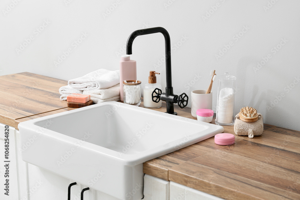 Different bath accessories on wooden chest of drawers near white wall in bathroom Different bath accessories on wooden chest of drawers near white wall in bathroom