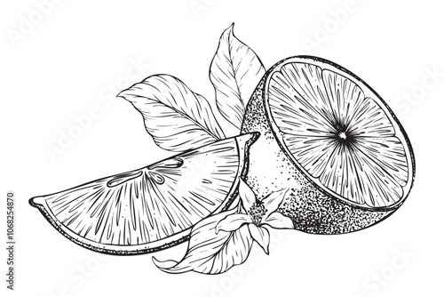 Lemon fruits, Slices of Lemon, flowers and leaves. Composition of half lemons. Hand drawn vector illustration. Black and white Sketch of citrus Isolated on white background for menu, package, cosmetic