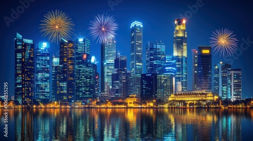 City skyline with fireworks at night