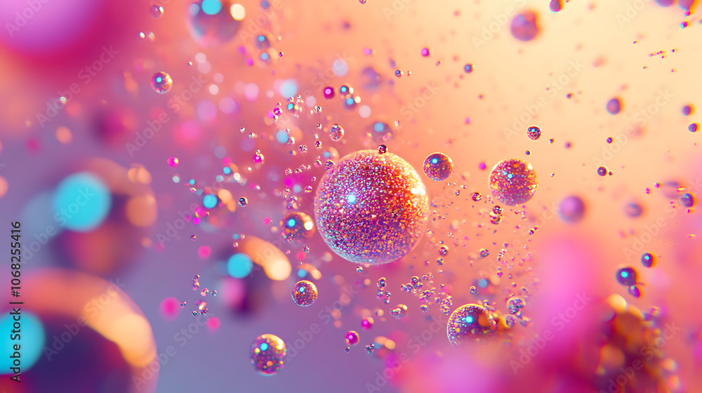 Iridescent particles floating in soft pink gradient background create dreamy atmosphere Iridescent particles floating in soft pink gradient background create dreamy atmosphere