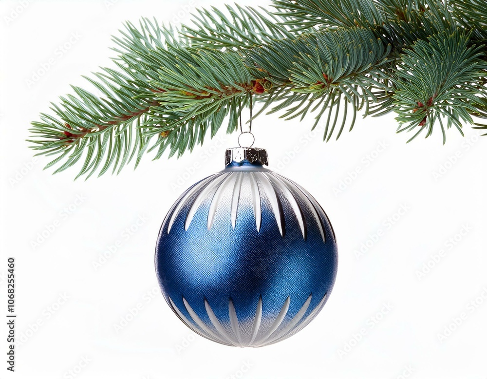 Single blue and silver Christmas glass ball hanging from a pine branch isolated on white background Single blue and silver Christmas glass ball hanging from a pine branch isolated on white background