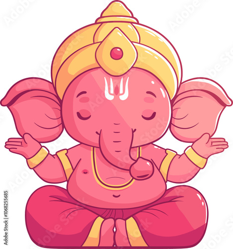 A cute cartoon representation of Lord Ganesha meditating peacefully with a serene expression and traditional attire isolated on transparent background. Vector illustration.