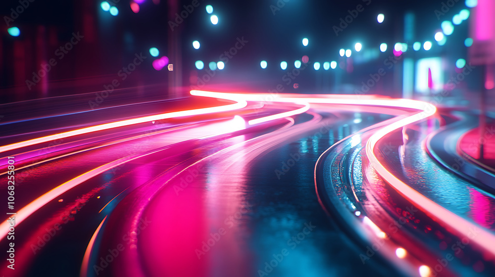 Vibrant light trails create abstract shapes on wet surface at night Vibrant light trails create abstract shapes on wet surface at night