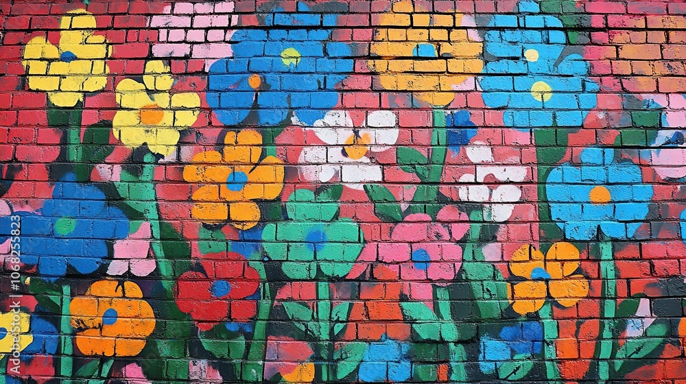 Obraz premium Vibrant Floral Mural on Brick Wall