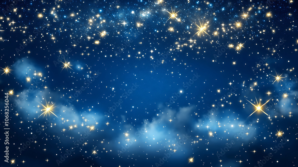 Fototapeta premium Midnight blue backdrop with scattered light particles and stars