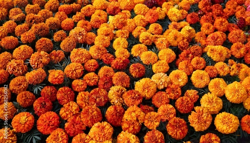 A mesmerizing close-up of marigold flowers, revealing their intricate details and vibrant hues