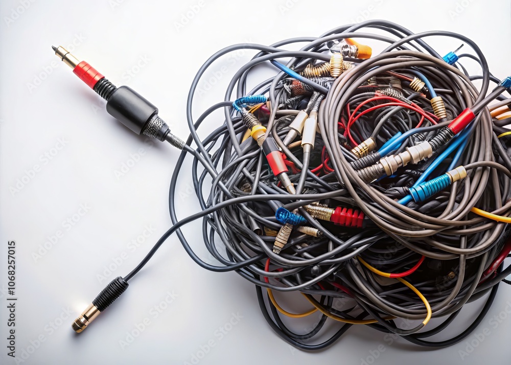 Chaotic Audio Cables Isolated on White Background with Ample Copy Space for Text and Design Elements, Perfect for Music and Audio Equipment Related Projects and Advertisements Chaotic Audio Cables Isolated on White Background with Ample Copy Space for Text and Design Elements, Perfect for Music and Audio Equipment Related Projects and Advertisements
