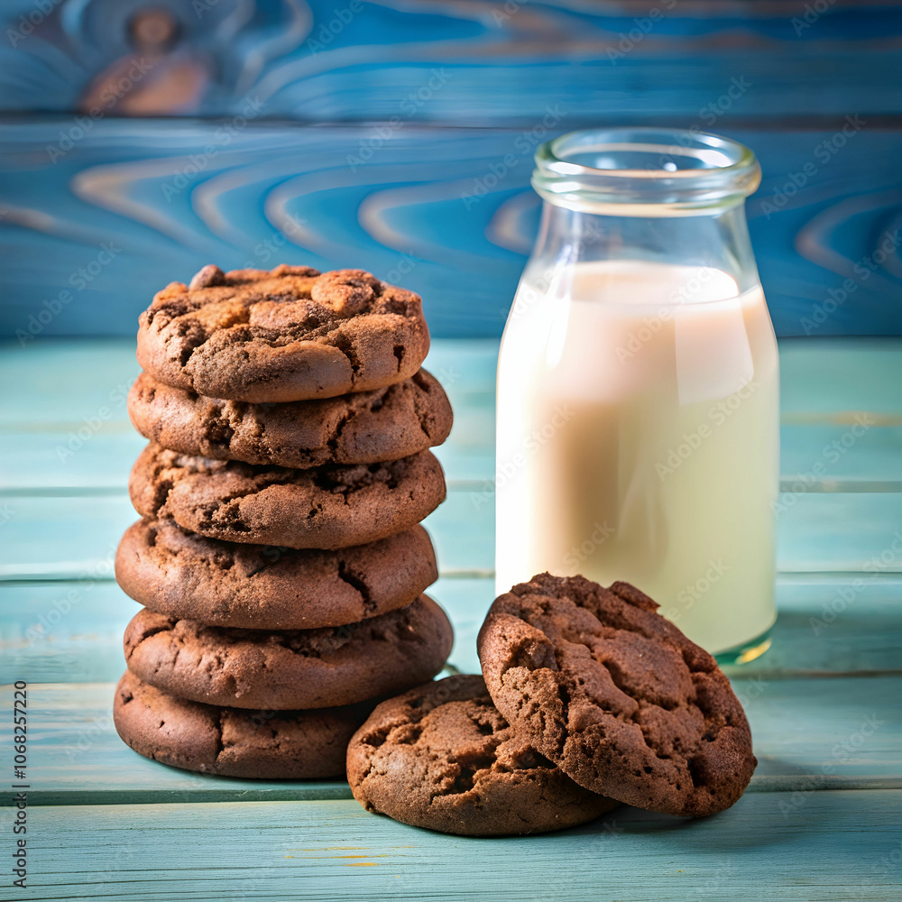 chocolate-cookies-and-a-jar-of-milk-on-blue-backgr chocolate-cookies-and-a-jar-of-milk-on-blue-backgr