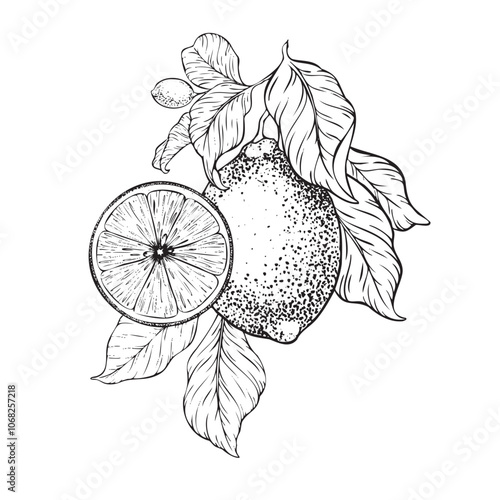 Branch of Lemons, half lemon and leaves Hand drawn vector illustration. Black and white Sketch of citrus. Isolated on white background. Design for menu, package, cosmetic, textile