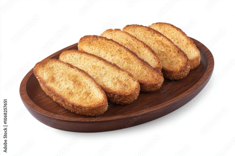 A wooden platter holds six golden-brown pieces of toasted bread, perfect for serving as an appetizer or side dish. A wooden platter holds six golden-brown pieces of toasted bread, perfect for serving as an appetizer or side dish.