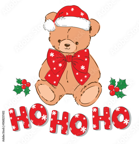 Hand drawn cute teddy bear Celebrating Christmas with Ho Ho Ho vector illustration