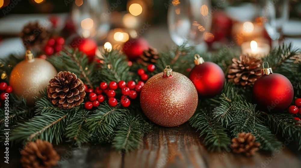 Fototapeta premium Holiday Decor with Ornaments and Pine Cones
