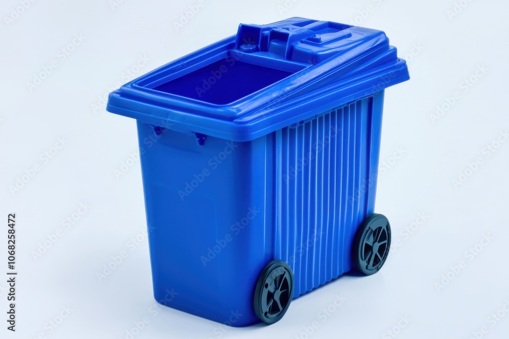 A blue plastic trash bin with wheels designed for waste disposal and recycling. A blue plastic trash bin with wheels designed for waste disposal and recycling.