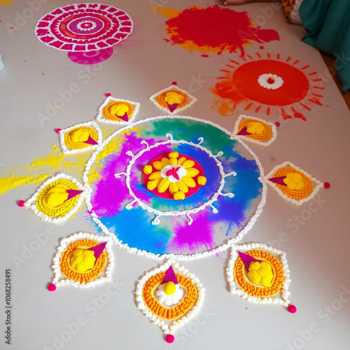 Colorful rangoli designs made with vibrant powders, flowers