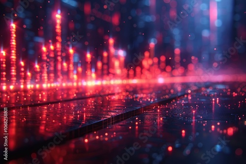 Abstract Cityscape with Red and Blue Lights Reflected on a Wet Surface