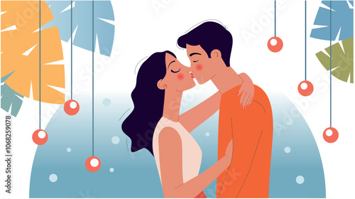 Boy and girl kissing against the background of Christmas toys. Love and closeness of two people.