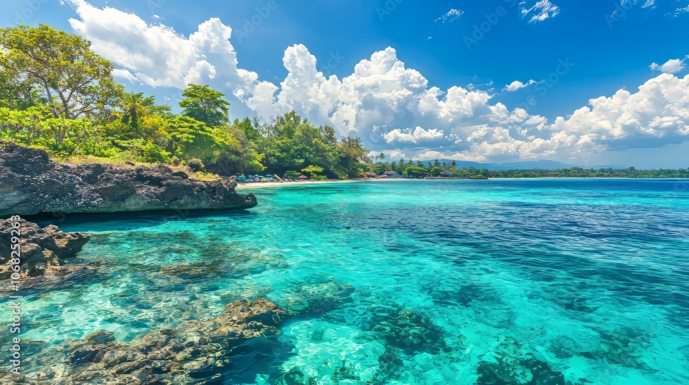 Fototapeta premium A vibrant coastal scene with clear turquoise water and lush greenery.