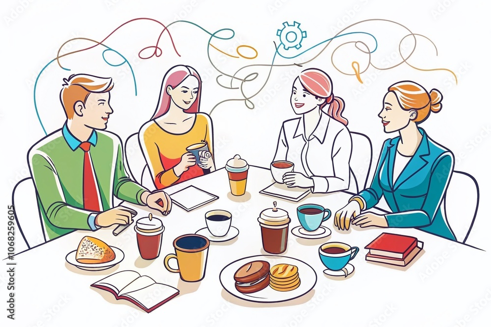 Business Team Meeting Continuous Line Drawing with Food Elements, Showcasing Collaboration and Creativity in a Modern Workspace Environment Business Team Meeting Continuous Line Drawing with Food Elements, Showcasing Collaboration and Creativity in a Modern Workspace Environment