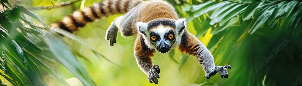 Obraz premium Ring-tailed Lemur Leaping Through The Jungle.