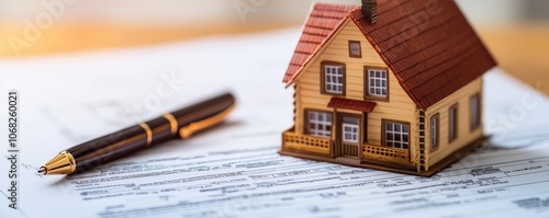 Model house with pen on real estate contract paperwork.