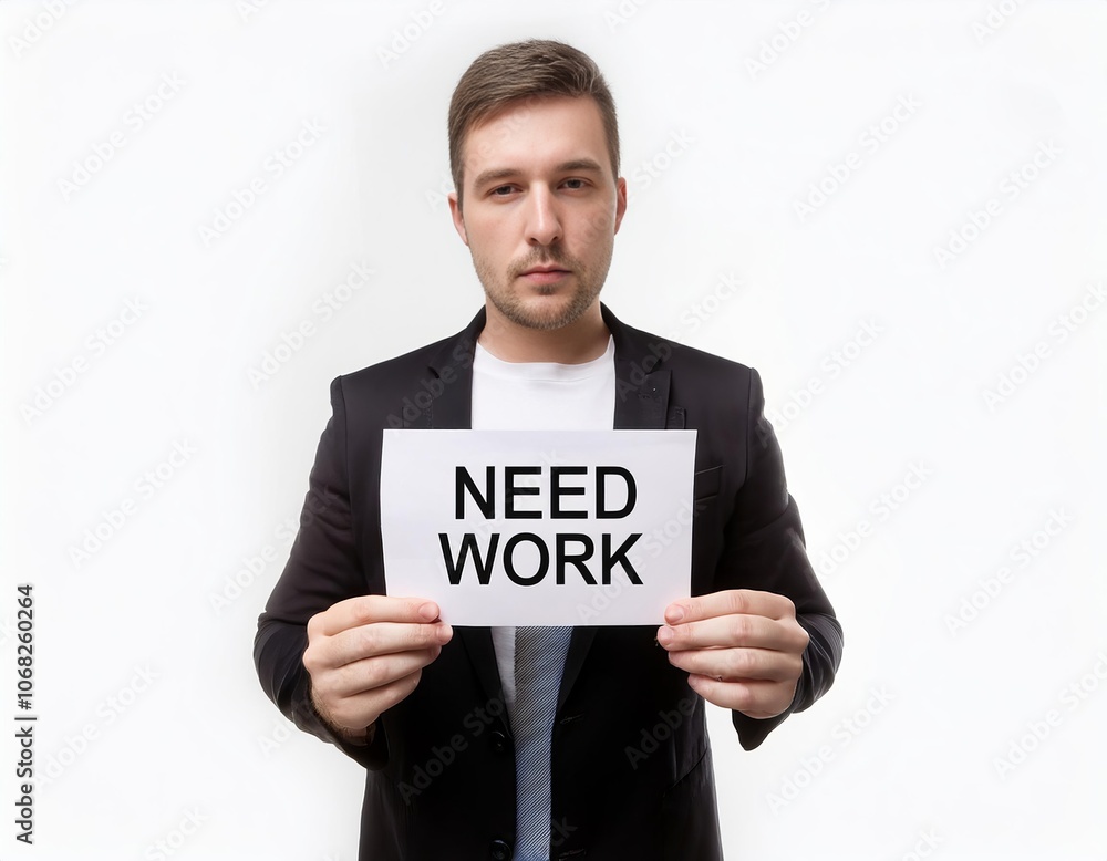 Unemployed manager showing need work sign seeking new job Unemployed manager showing need work sign seeking new job