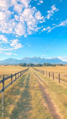 A serene landscape with a dirt path leading to mountains under a blue sky.