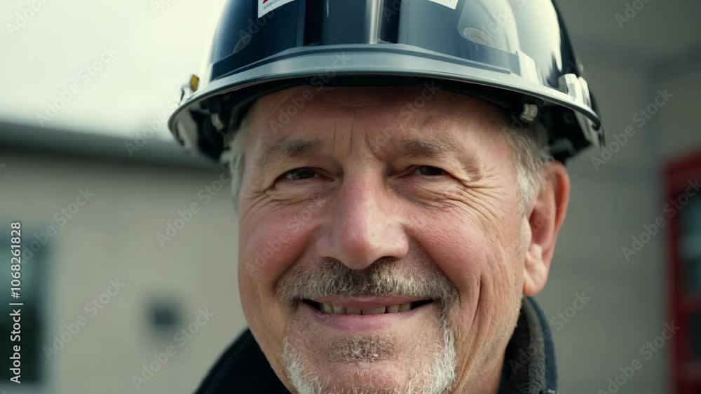 Confident senior engineer smiling in safety gear on construction site Confident senior engineer smiling in safety gear on construction site