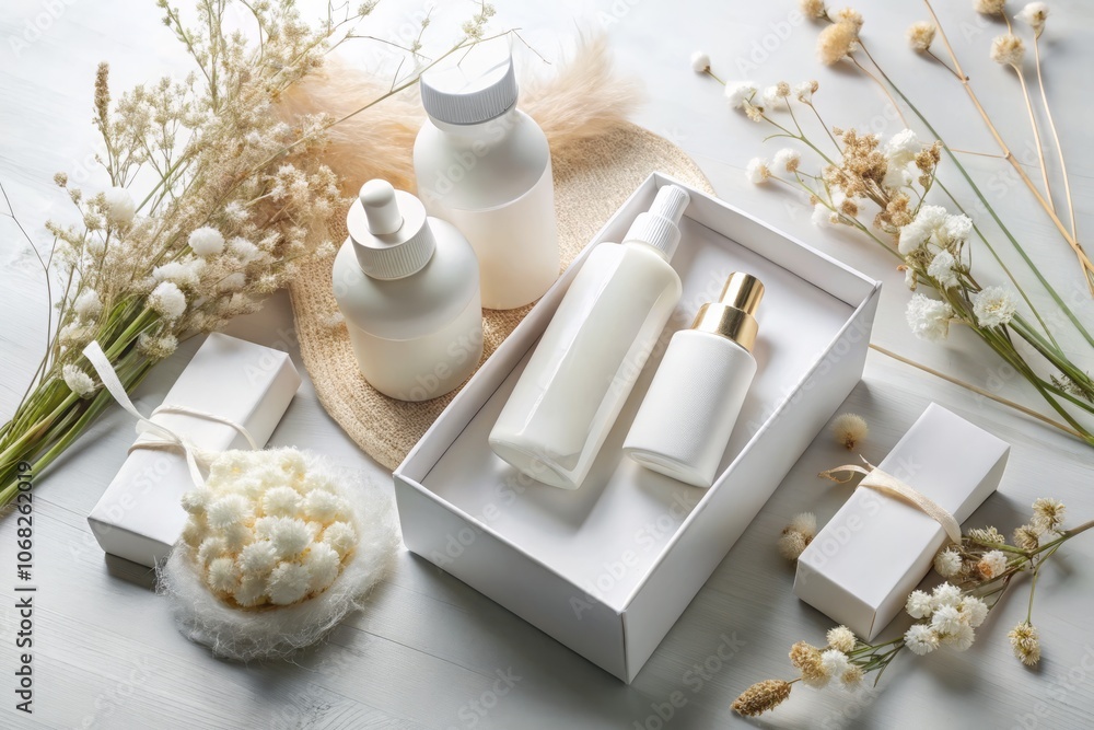 Eco-Friendly Beauty Product Mockup Set Featuring White Boxes, Cosmetic Items, and Dried Flowers on a Soft White Background for Urban Exploration Photography Eco-Friendly Beauty Product Mockup Set Featuring White Boxes, Cosmetic Items, and Dried Flowers on a Soft White Background for Urban Exploration Photography