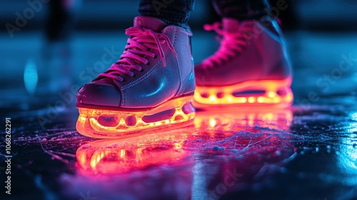 Colorful Ice Skates with LED Lights on Ice Surface
