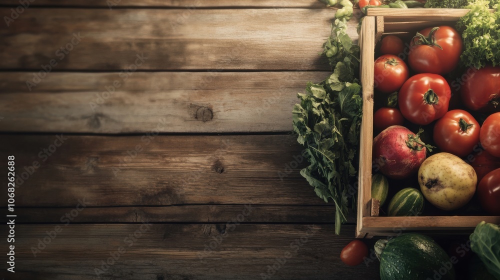 Organic vegetable delivery box on a wooden background, emphasizing fresh produce Organic vegetable delivery box on a wooden background, emphasizing fresh produce