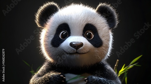 58. Soft and round panda cub in 3D, nibbling on bamboo with big, sparkling eyes