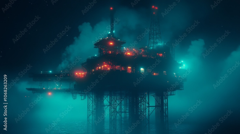A futuristic oil rig illuminated in neon hues, surrounded by misty waters at night. A futuristic oil rig illuminated in neon hues, surrounded by misty waters at night.