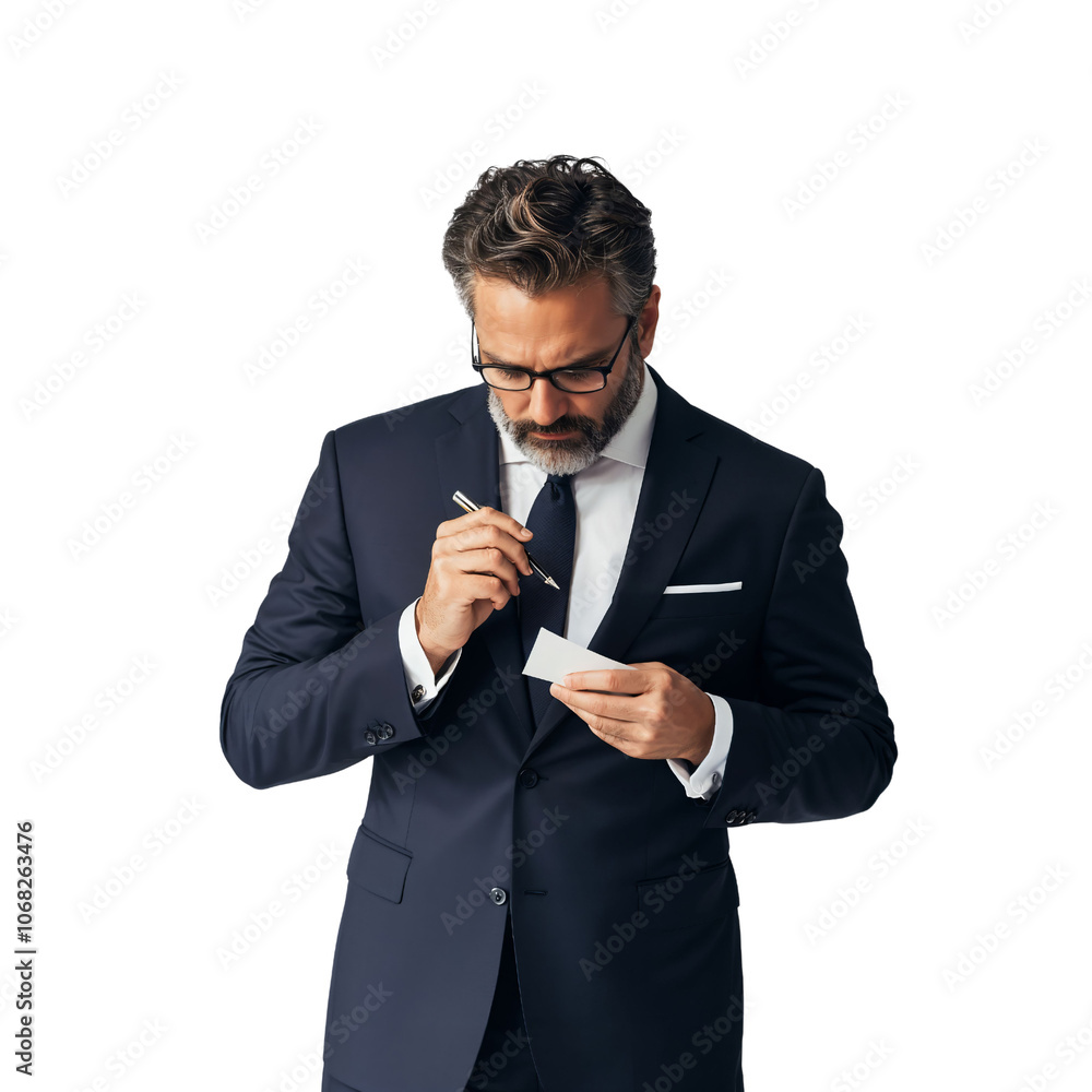 A focused businessman in a sleek suit writing notes on a card, embodying professionalism and dedication as he prepares for an important meeting or communication. A focused businessman in a sleek suit writing notes on a card, embodying professionalism and dedication as he prepares for an important meeting or communication.