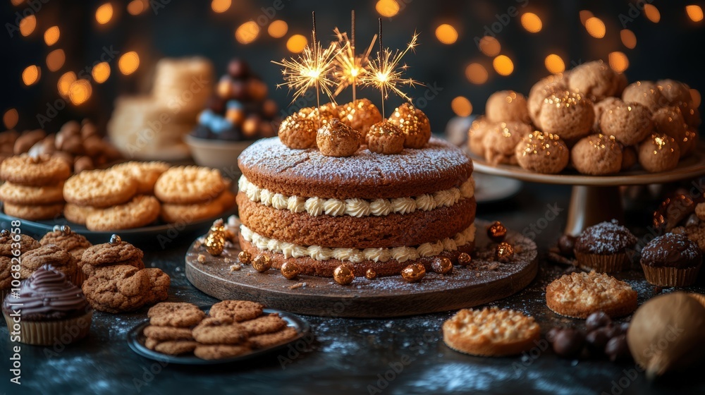 Festive Cake with Sparklers Surrounded by Treats Festive Cake with Sparklers Surrounded by Treats