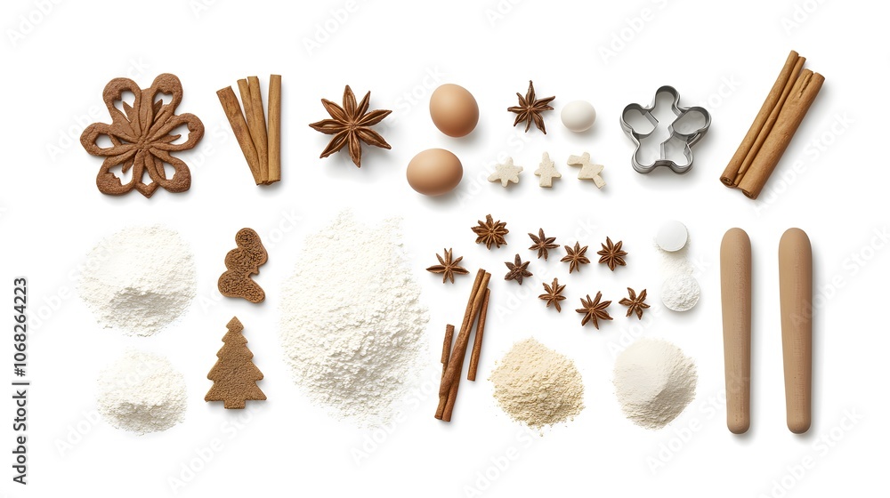 Arrangement of baking ingredients and cookie shapes on a white surface during holiday preparation