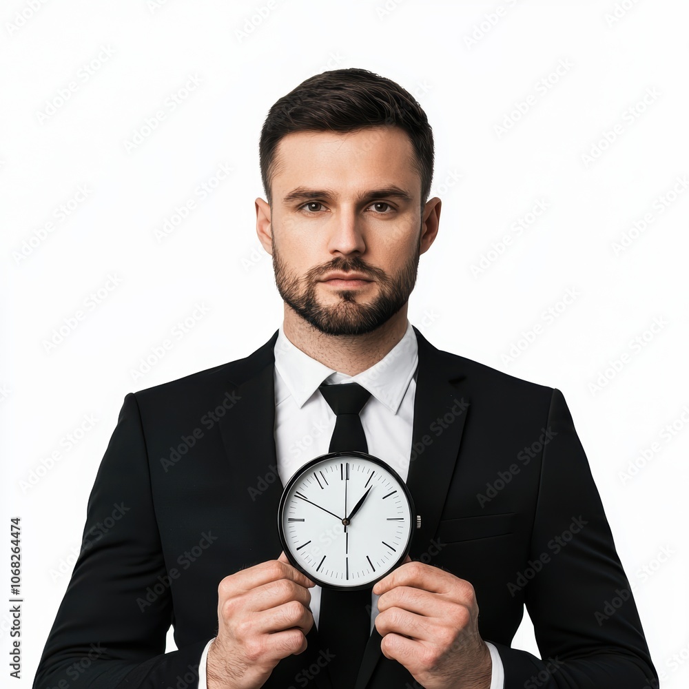 a businessman holding a clock, concept of time management and productivity, serious expression, isolated on white background a businessman holding a clock, concept of time management and productivity, serious expression, isolated on white background