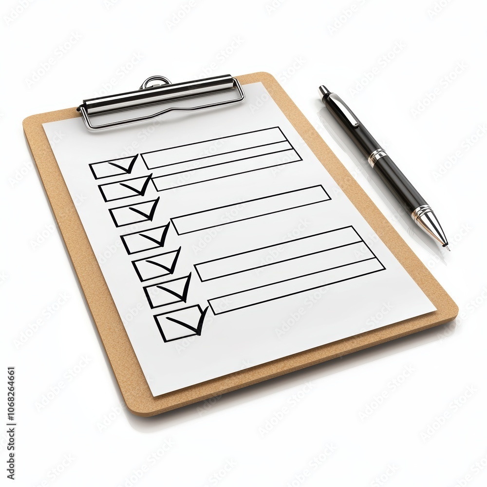 a clipboard with checklist and pen, organized and ready for business tasks, high detail, isolated on white background a clipboard with checklist and pen, organized and ready for business tasks, high detail, isolated on white background