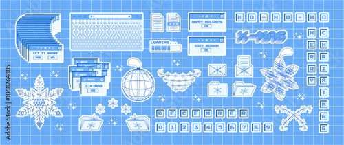 Set of x-mas stickers in trendy y2k style. Old computer aesthetics of 90s, 00s. Retro PC elements, user interface. Vector illustration