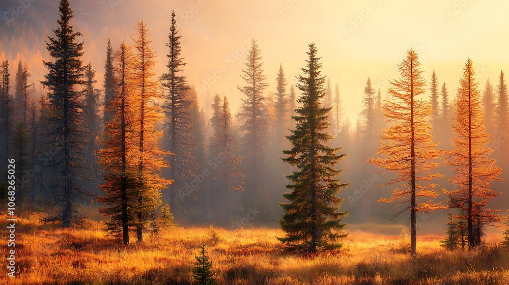 Obraz premium Sunset over a colorful autumn forest in the mountains, rich and warm tones of fall, soft sunlight, vivid detail in the landscape