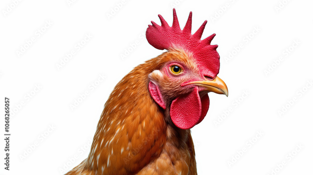 Fototapeta premium Chicken Portrait on White Background – Vibrant High-Quality Close-Up Image of Rooster or Hen for Farm, Poultry, and Agriculture Themes
