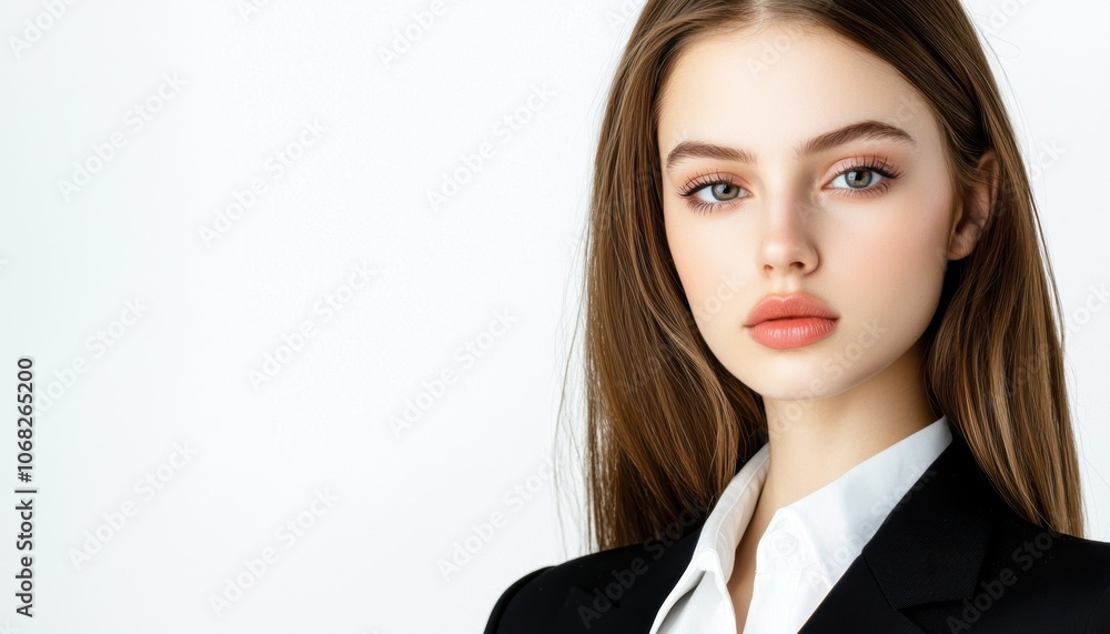 a female executive looking confidently forward, determined expression, leadership role, isolated on white background