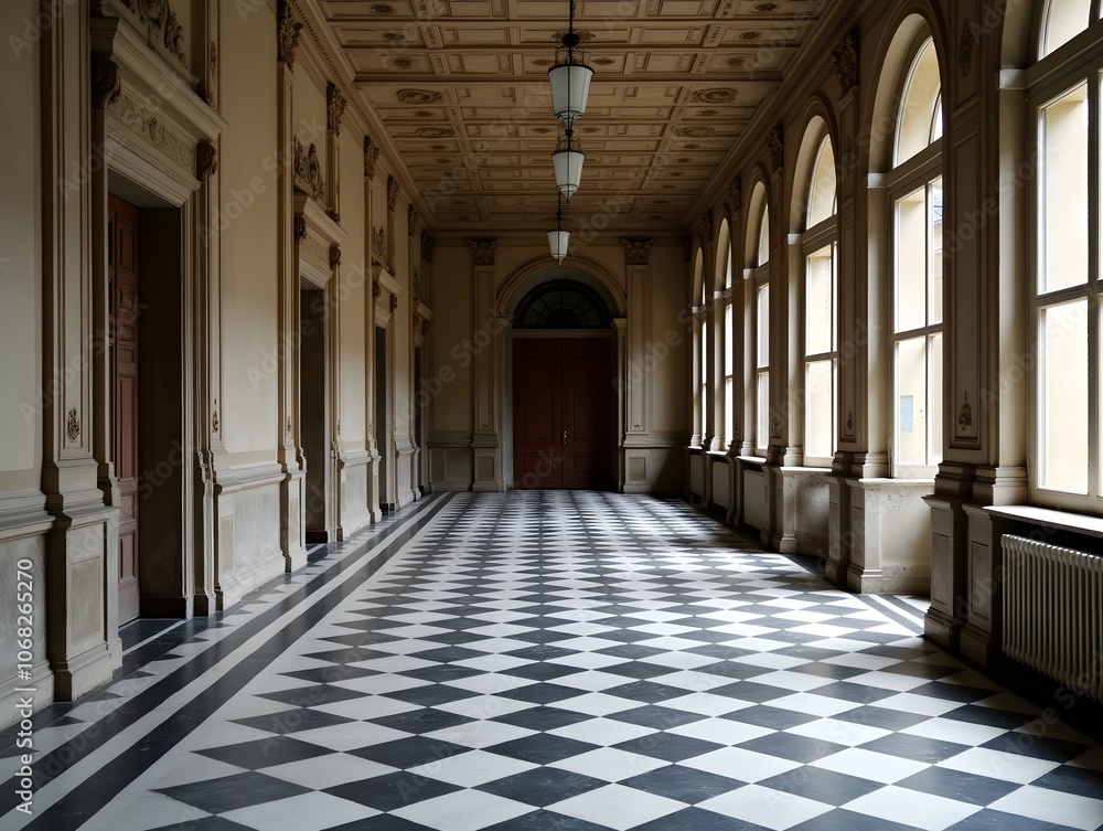 Black And White Checkerboard Floor Pattern In A Historic Building Corridor Black And White Checkerboard Floor Pattern In A Historic Building Corridor