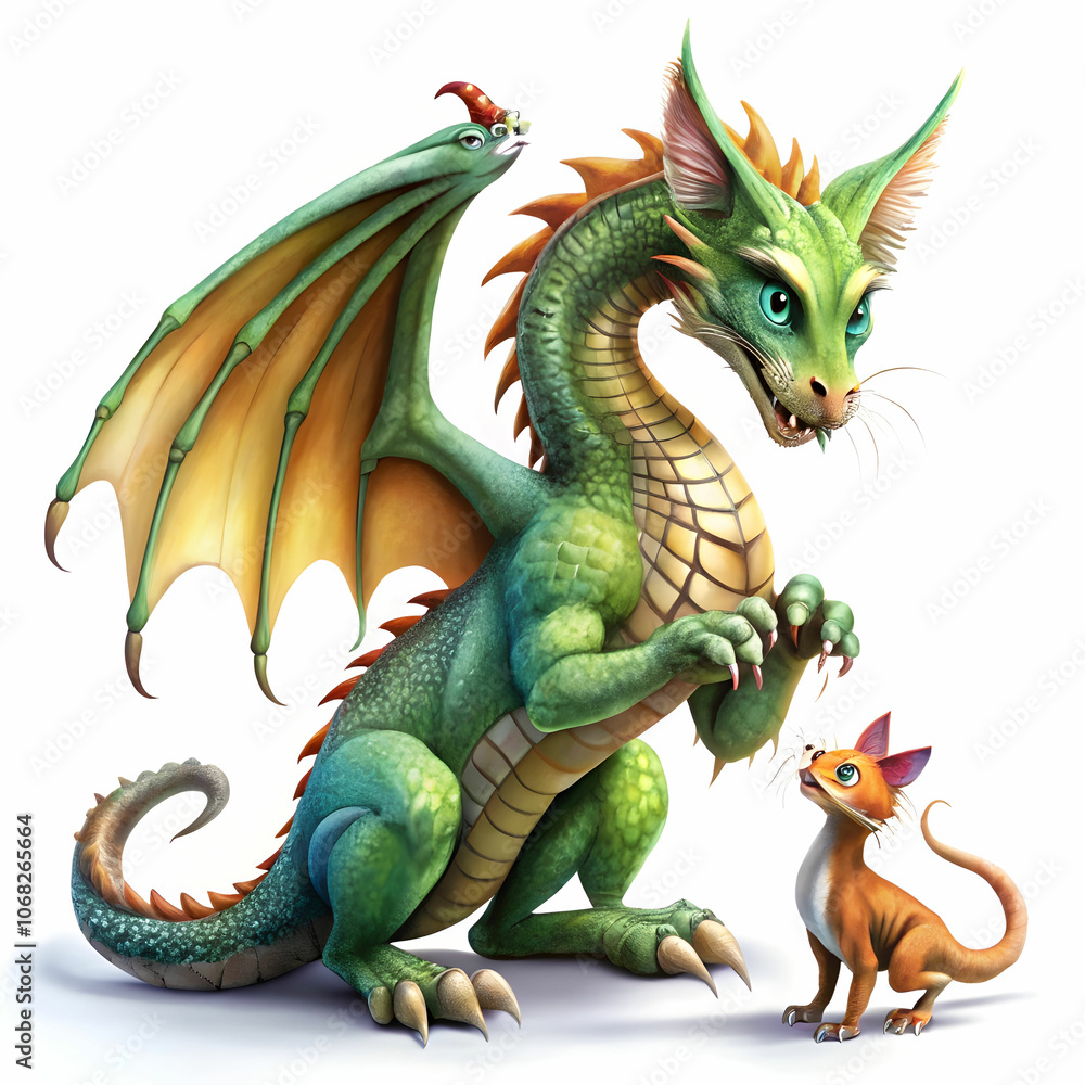 A giant dragon playfully interacting with a tiny toy, A giant dragon playfully interacting with a tiny toy,