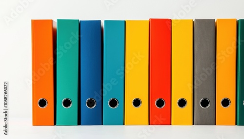 a row of file folders in different colors, organized records and office system, isolated on white background