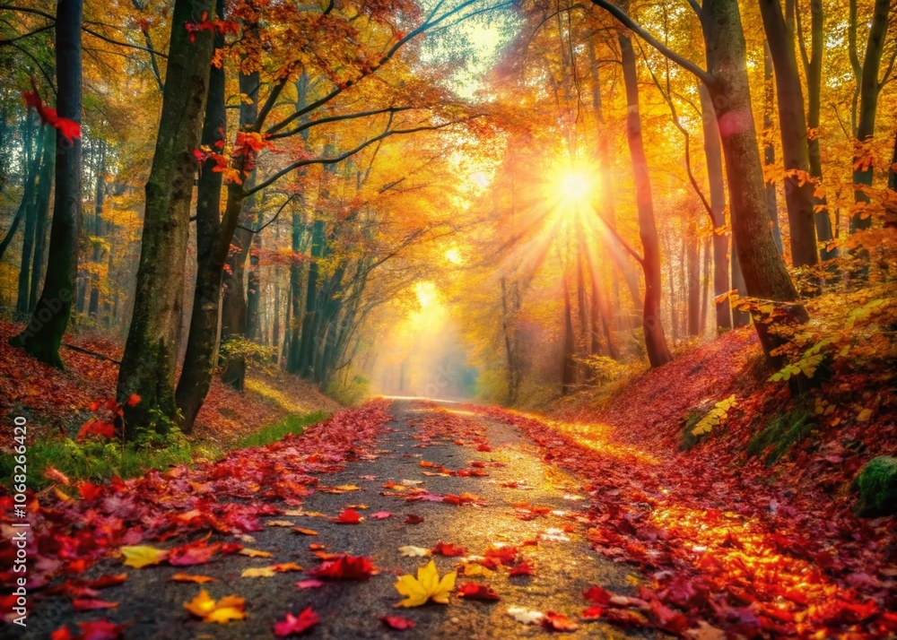 Fototapeta premium Captivating Autumn Leaves Adorning a Forest Path with Bokeh Effect for a Serene Nature Scene