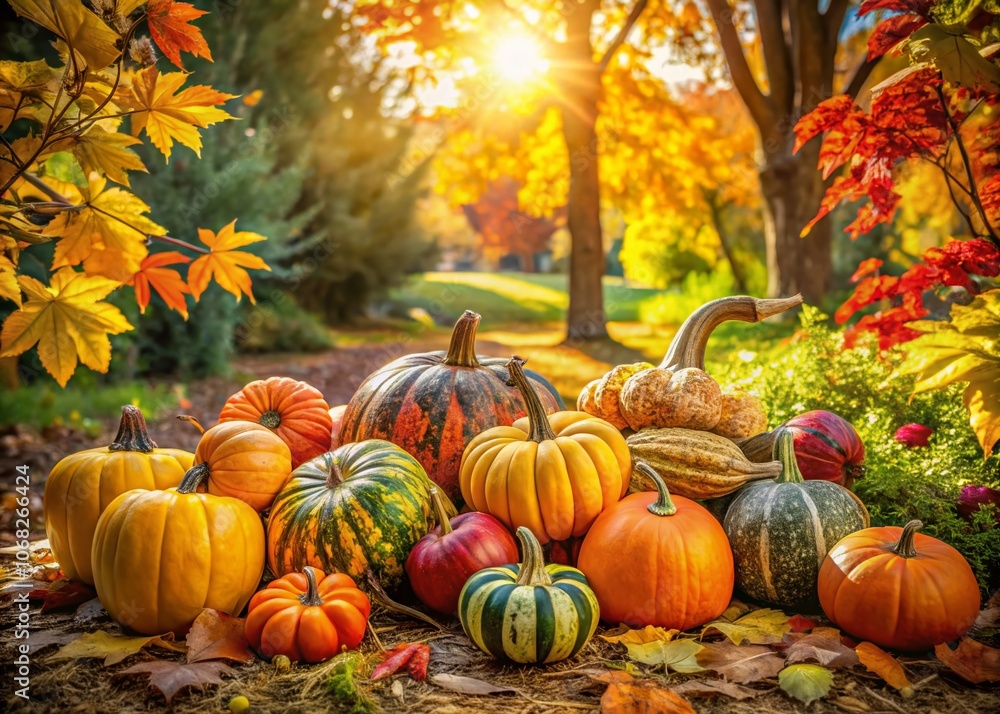 Captivating Autumn Garden with Vibrant Winter Squashes Amidst Lush Foliage and Colorful Leaves in a Serene Landscape Photography Scene Captivating Autumn Garden with Vibrant Winter Squashes Amidst Lush Foliage and Colorful Leaves in a Serene Landscape Photography Scene