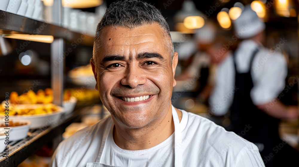 A smiling chef in a professional kitchen. A smiling chef in a professional kitchen.