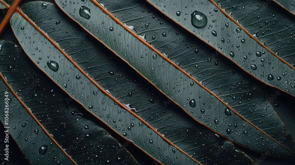 Closeup of a fern leaf with water droplets, natural contrast between light and shadows, capturing intricate vein details Closeup of a fern leaf with water droplets, natural contrast between light and shadows, capturing intricate vein details