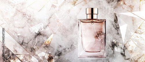 Elegant perfume bottle on marble background with geometric shapes, exuding luxury and sophistication. Perfect for beauty and fragrance themes